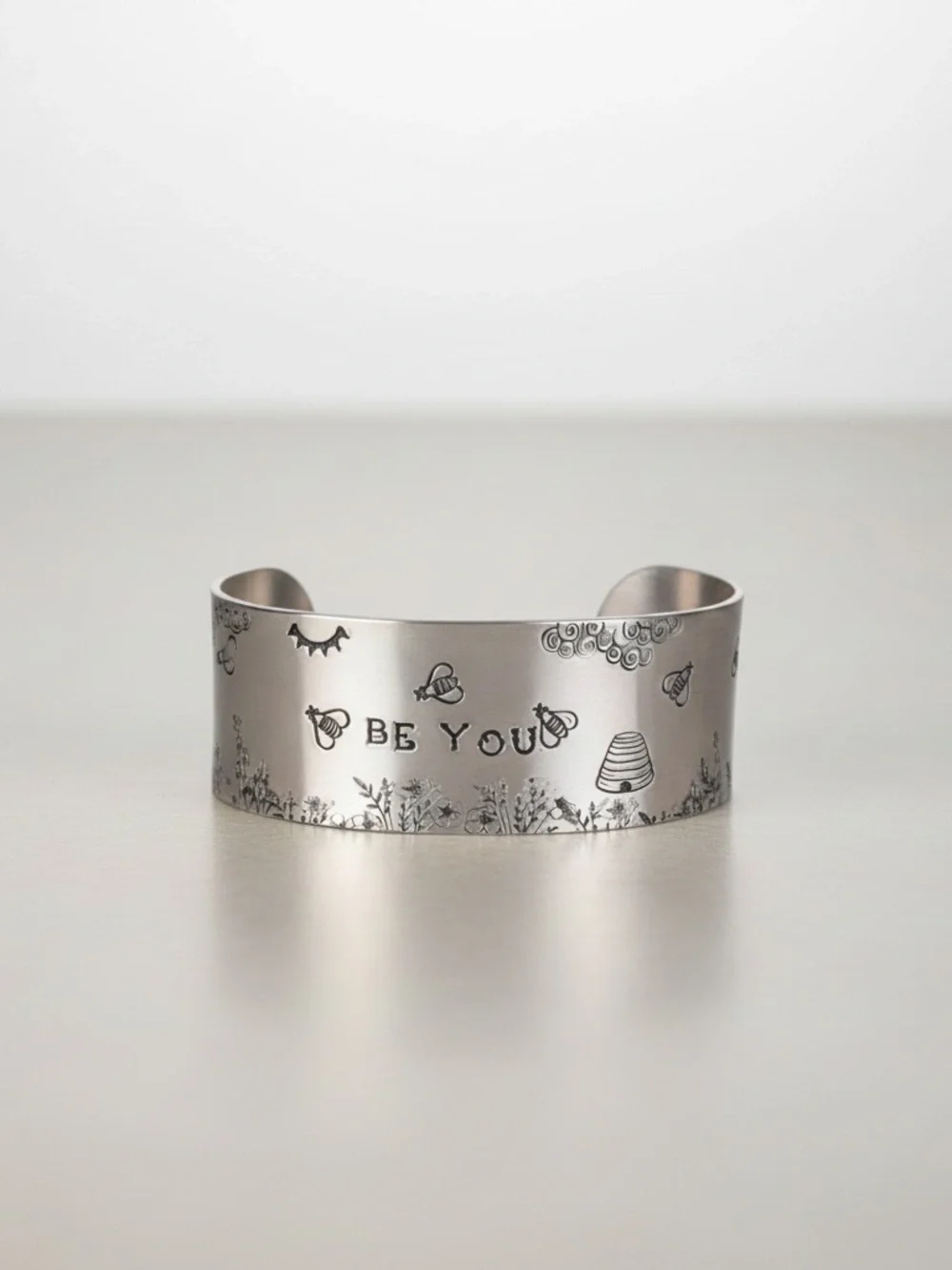 Handmade stamped Be You floral adjustable‎  hypoallergenic silver cuff bracelet
